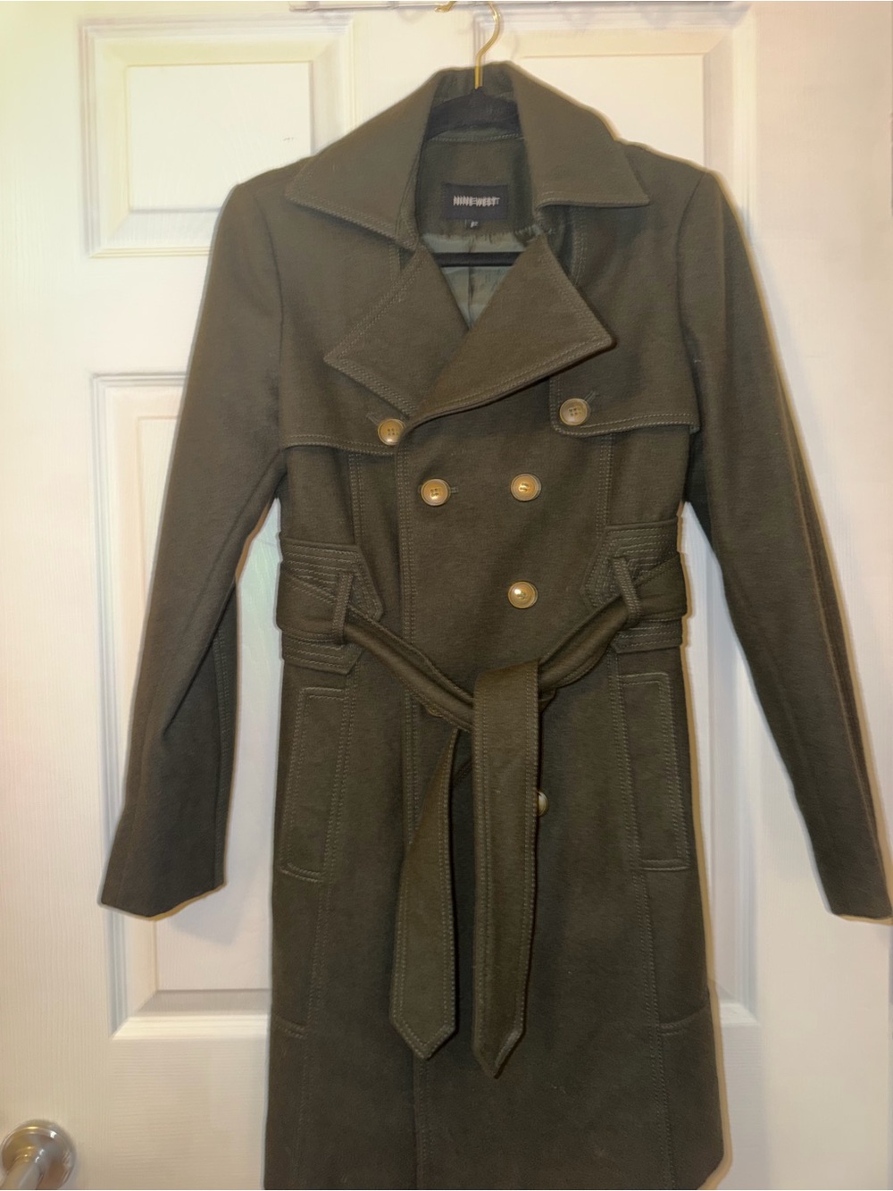 Nine West Olive Green Double-Breasted Trench Coat